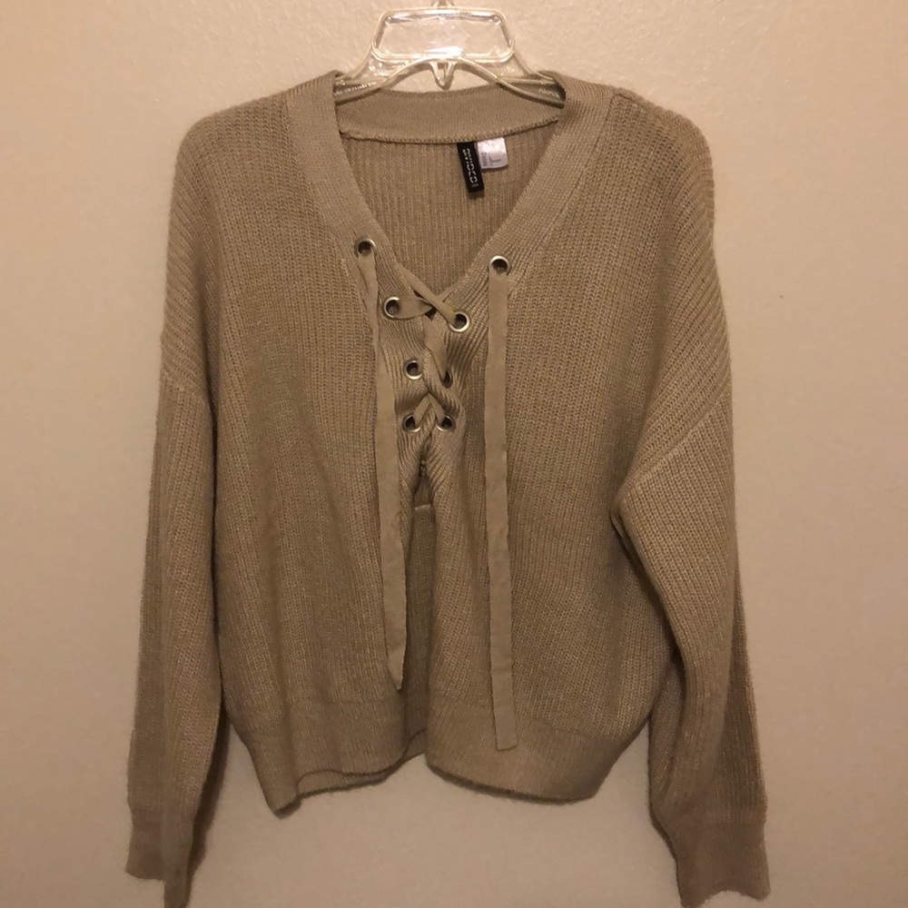 H&M beige sweater large tie front